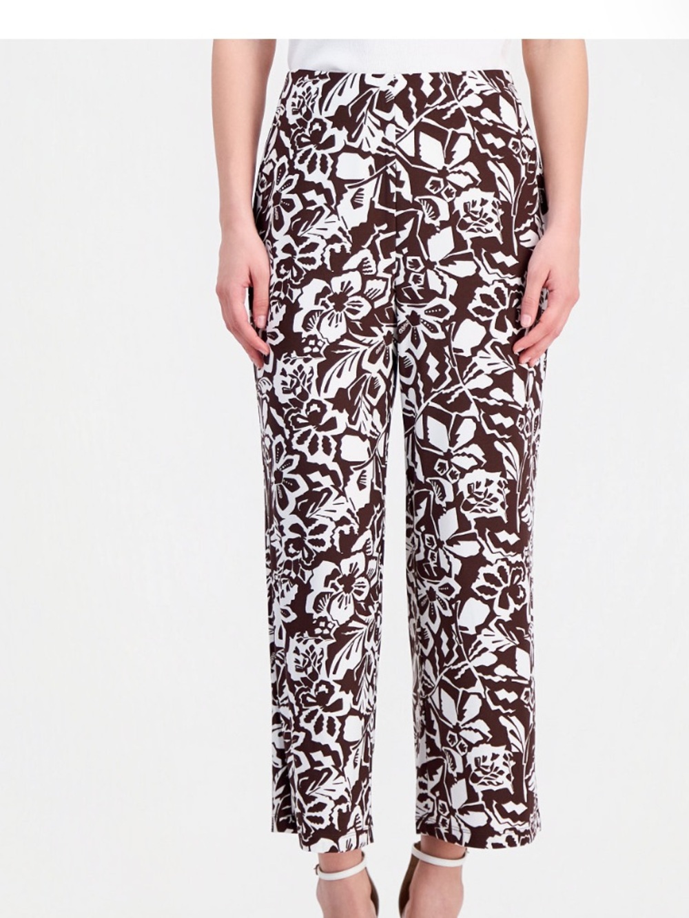 NWT Anne Klein Petite Floral Crop Wide-Leg Pants - Dark Chocolate Brown/White